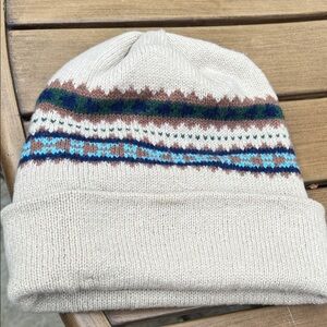 Fair Isle Knit Beanie in Beige with Blue & Brown Accents